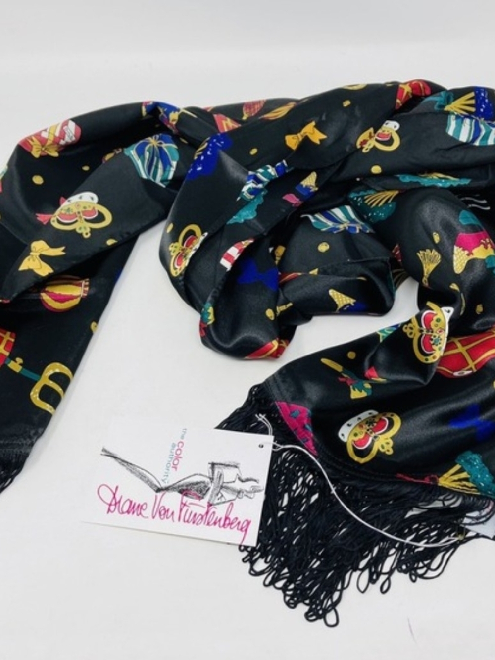 Diane Von Furstenberg Black Printed Silk Blend Scarf with Multicolor Motifs